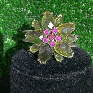 Vintage rhinestone stones, silver look metal bracelet - Amber, pink flower desig